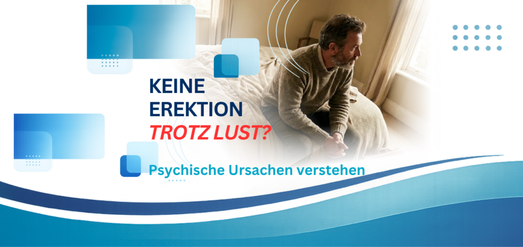 Beitragsbild zum Artikel über psychische Ursachen von Erektionsproblemen. Der Text lautet: Keine Erektion trotz Lust? Warum der Kopf den Körper blockieren kann.